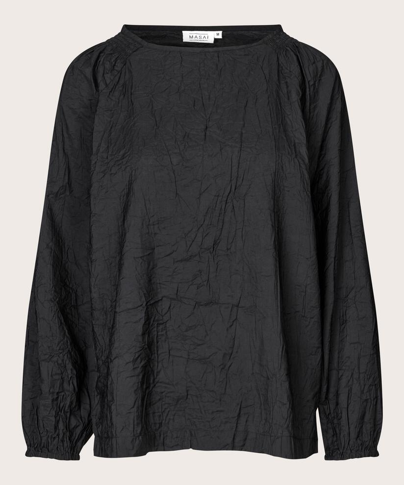 chemisier à col droit en viscose froissée, Black