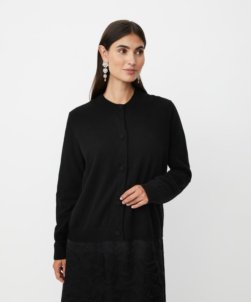 cardigan col rond en mélange de laine, Black