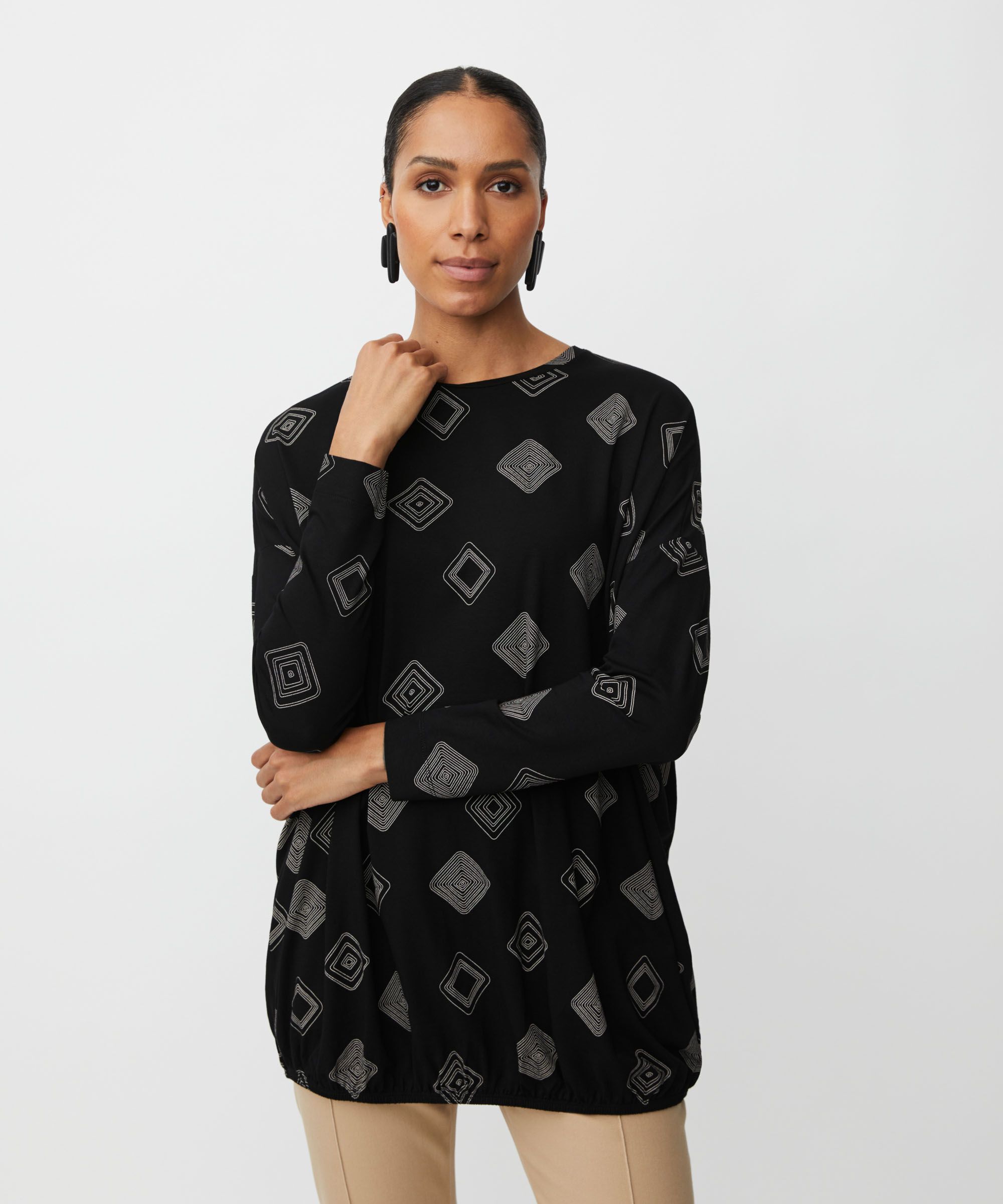 top en jersey imprimé avec ourlet élastiqué, Black