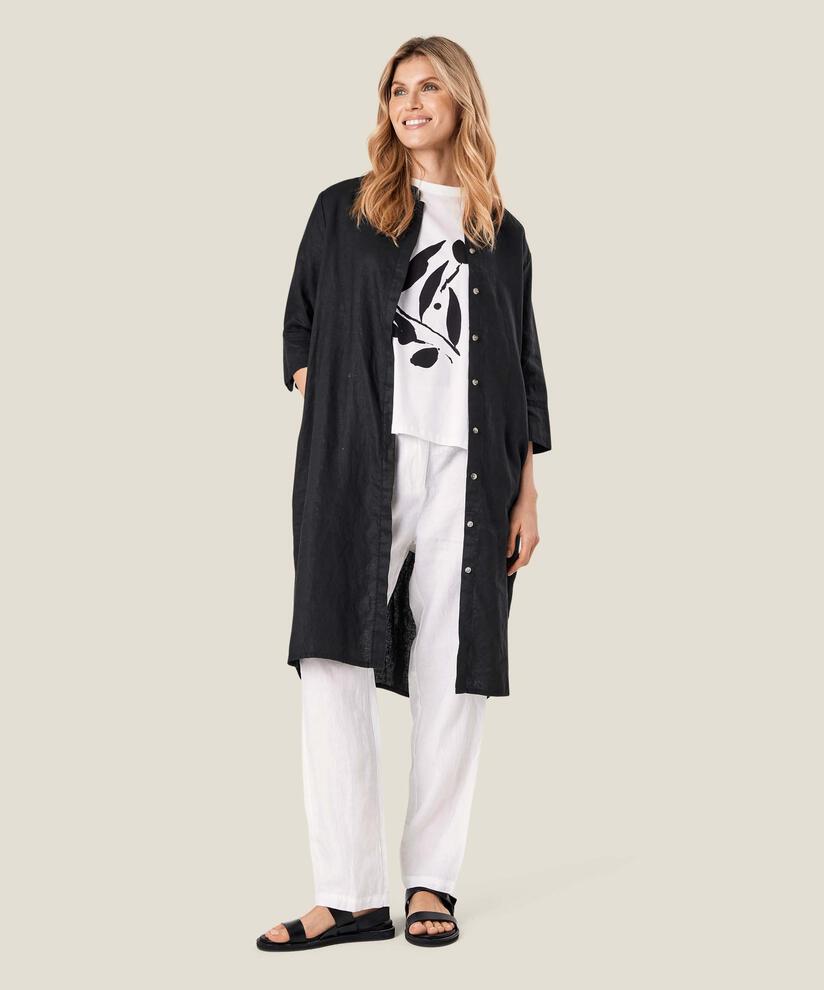 robe-chemise en lin avec manches trois-quarts, Black