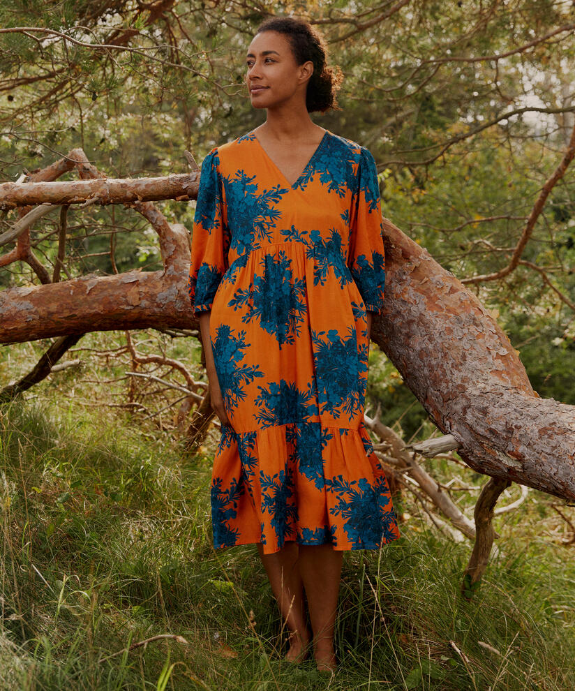 robe en viscose imprimée avec col en V, Russ Orange