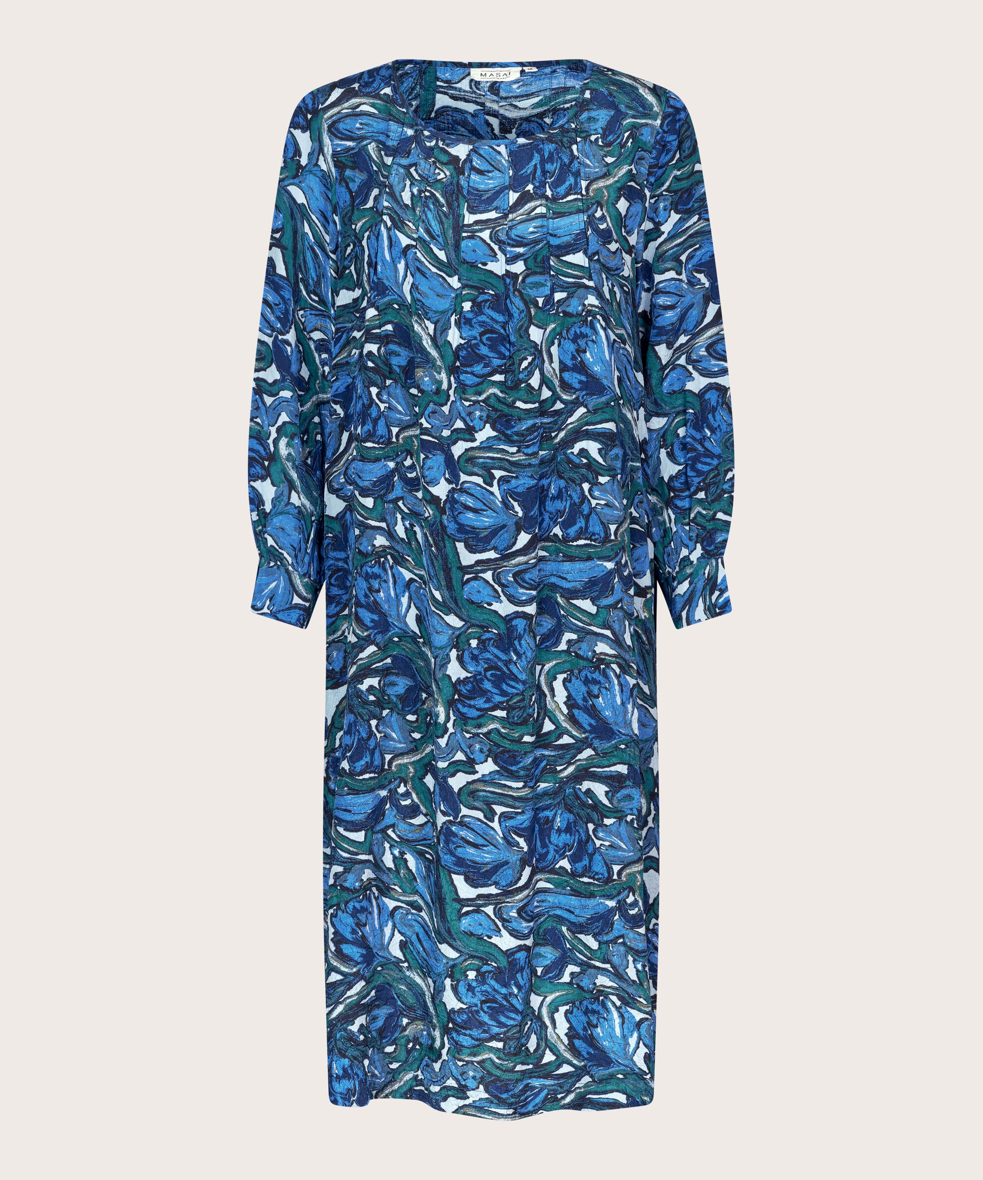 robe en viscose imprimée à manches longues, Blue Fog