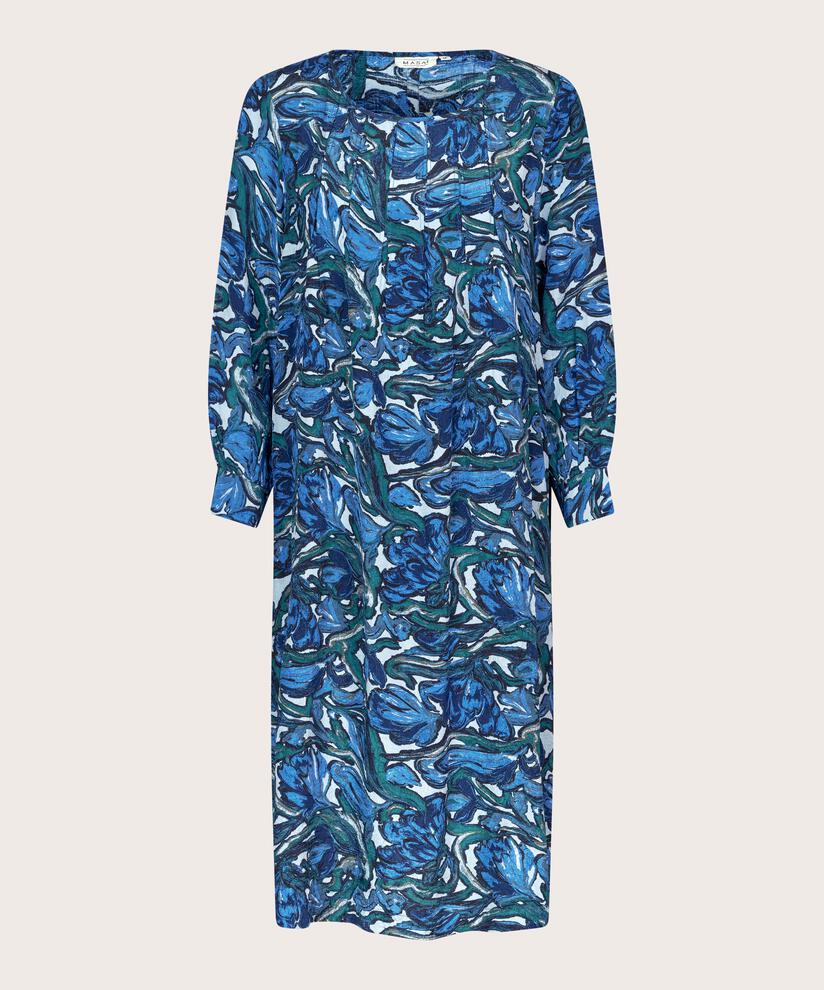 robe en viscose imprimée à manches longues, Blue Fog