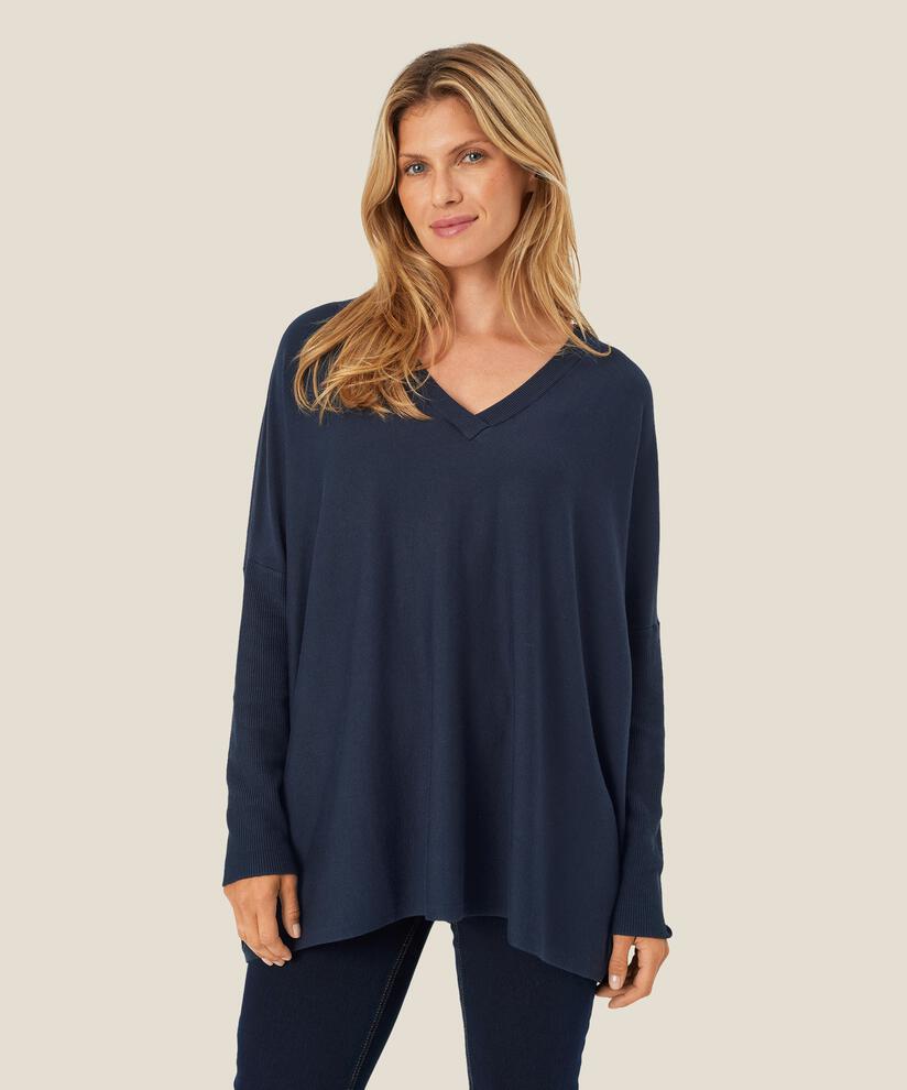 Pull En Maille Avec Col En V Et Manches Étroites, Mood Indigo