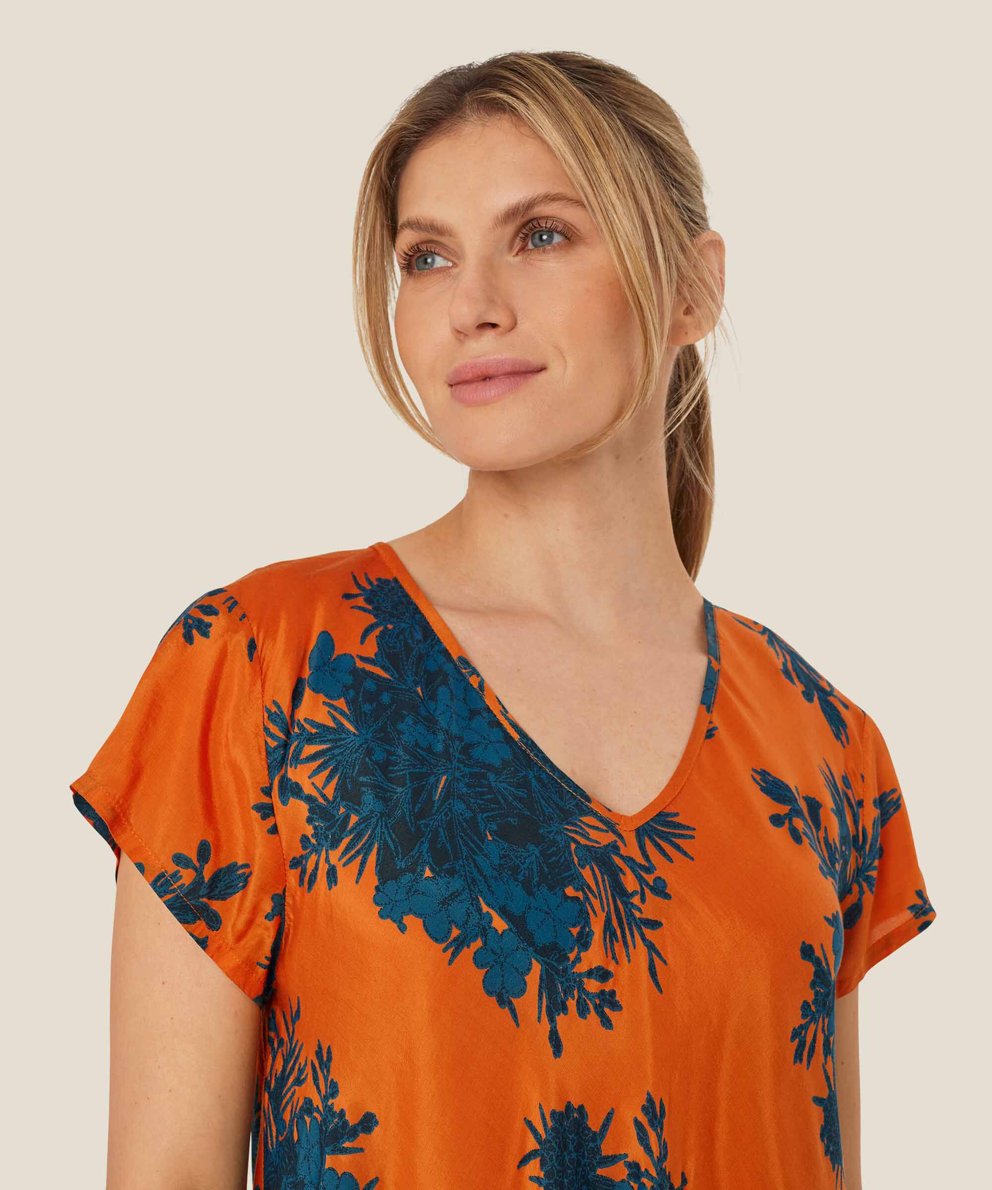 robe en viscose imprimée à col v, Russ Orange