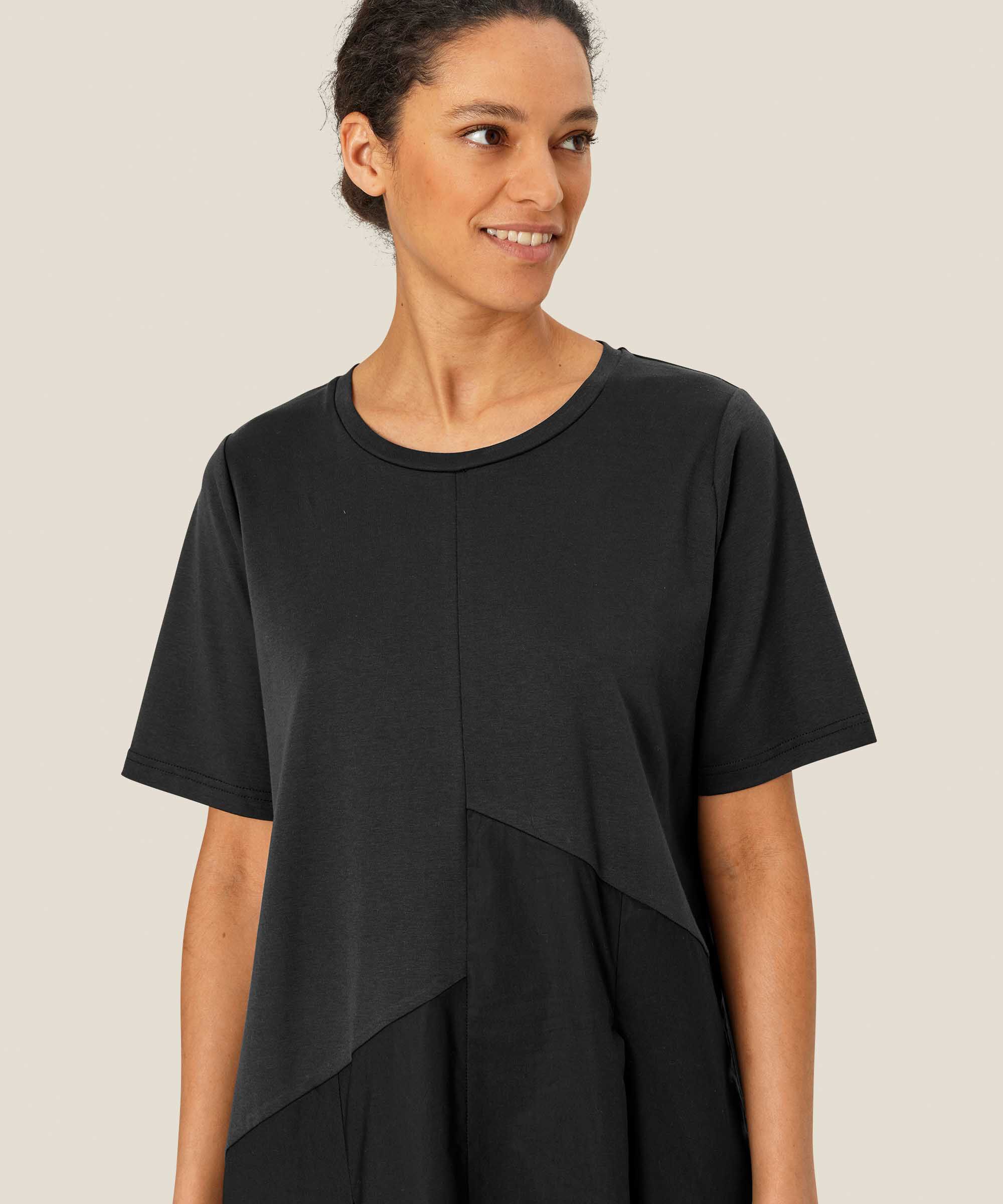 robe à manches courtes en jersey et popeline de coton, Black