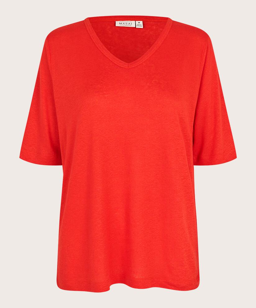 t-shirt en lin mélangé avec col en V, Poinciana