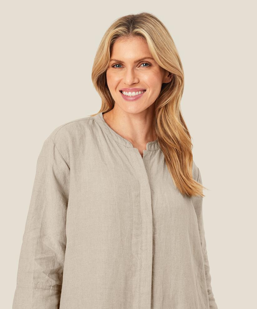 robe-chemise en lin avec manches trois-quarts, Natural
