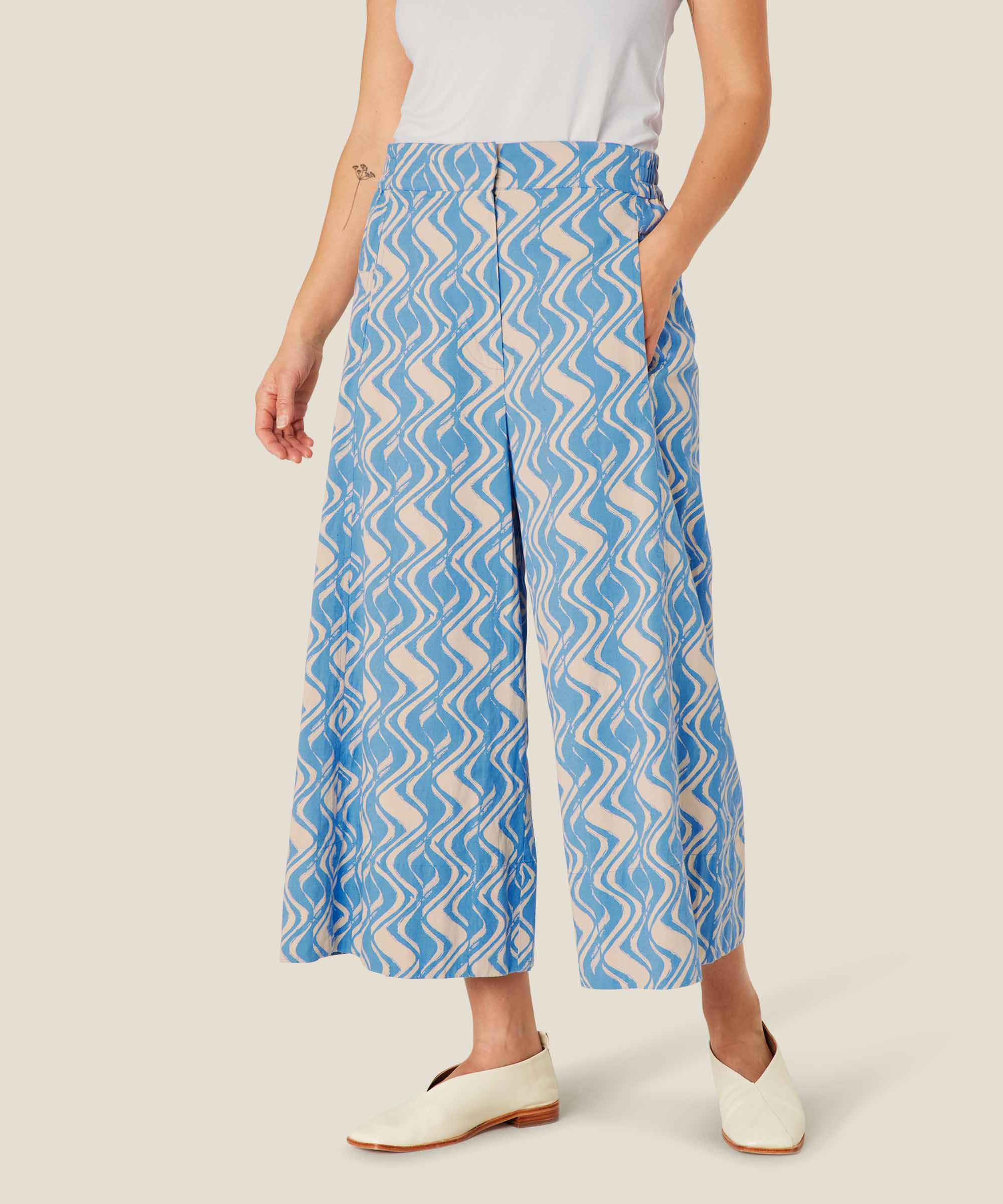 pantalon en coton imprimé à jambes larges, Blue Bonnet