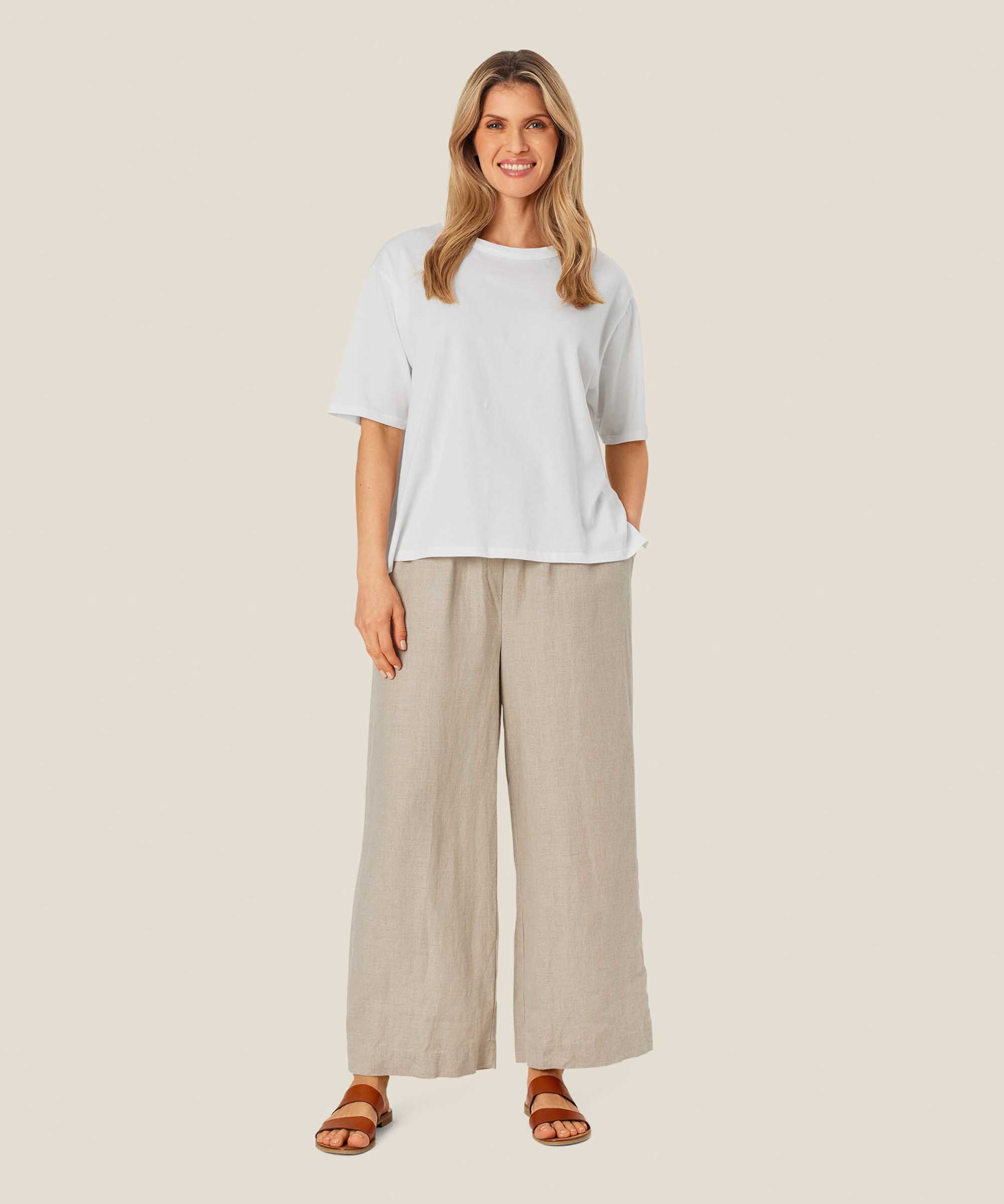 pantalon en lin à jambes larges et taille élastique, Natural