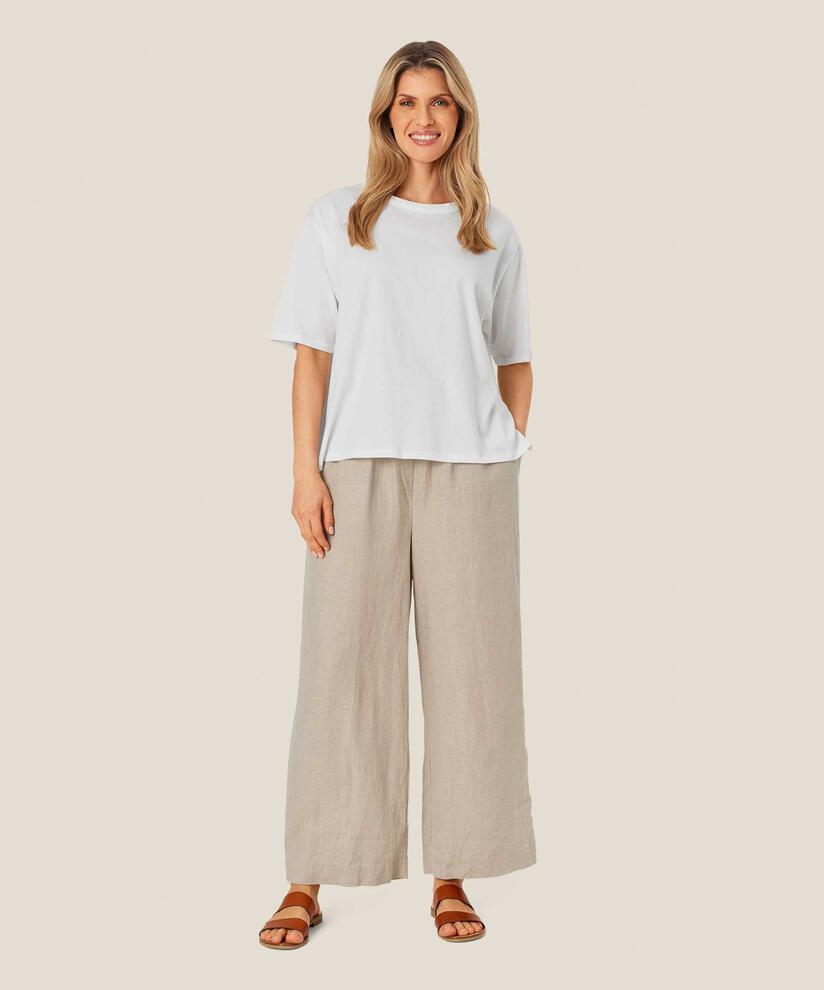 pantalon en lin à jambes larges et taille élastique, Natural
