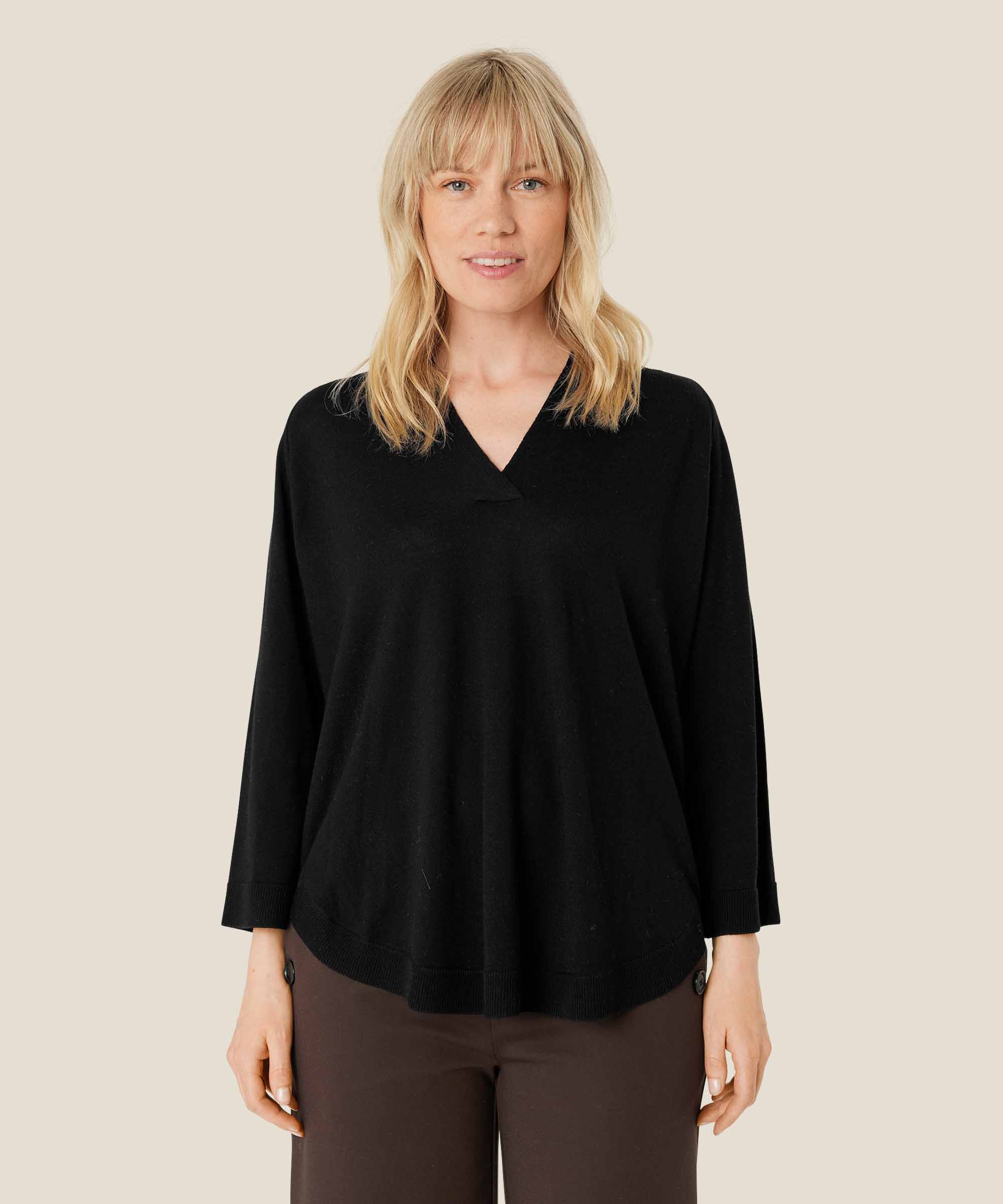 pull tricoté en laine avec col en v, Black