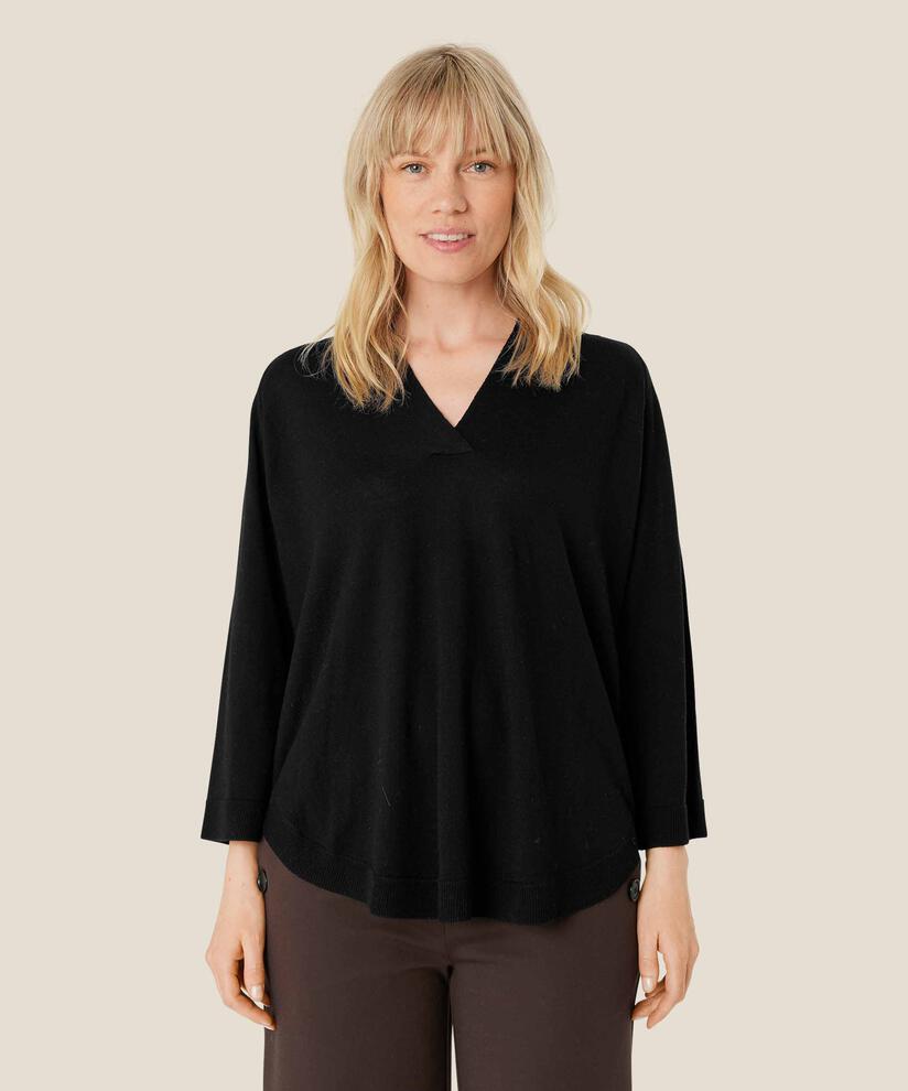 pull tricoté en laine avec col en v, Black