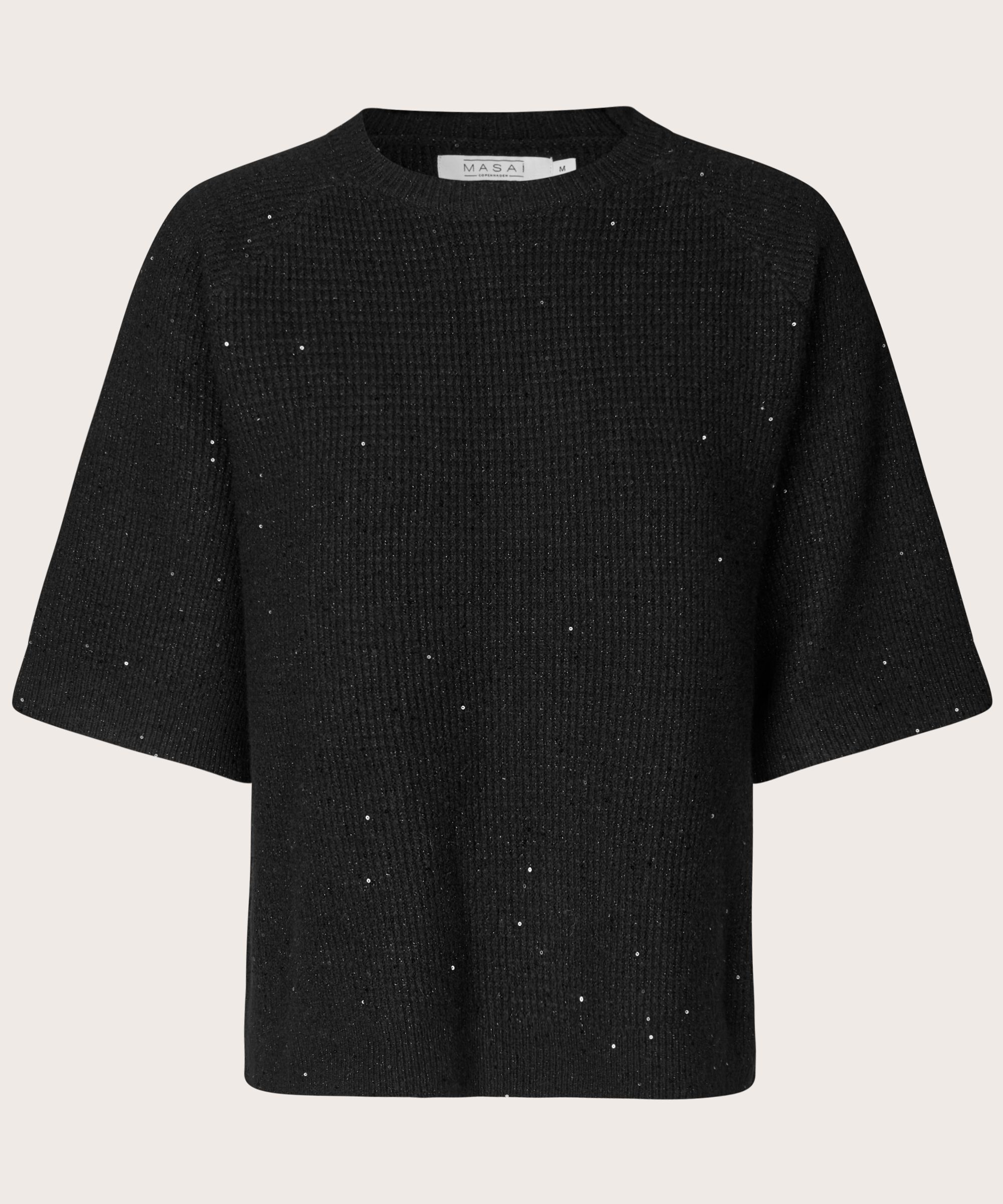 pull à manches courtes en laine mélangée avec paillettes, Black
