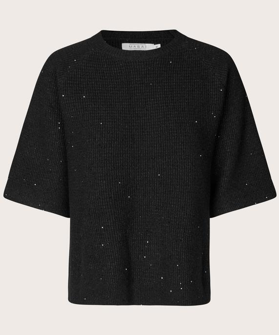 pull à manches courtes en laine mélangée avec paillettes, Black