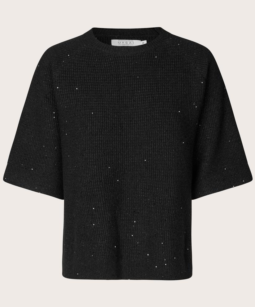 pull à manches courtes en laine mélangée avec paillettes, Black