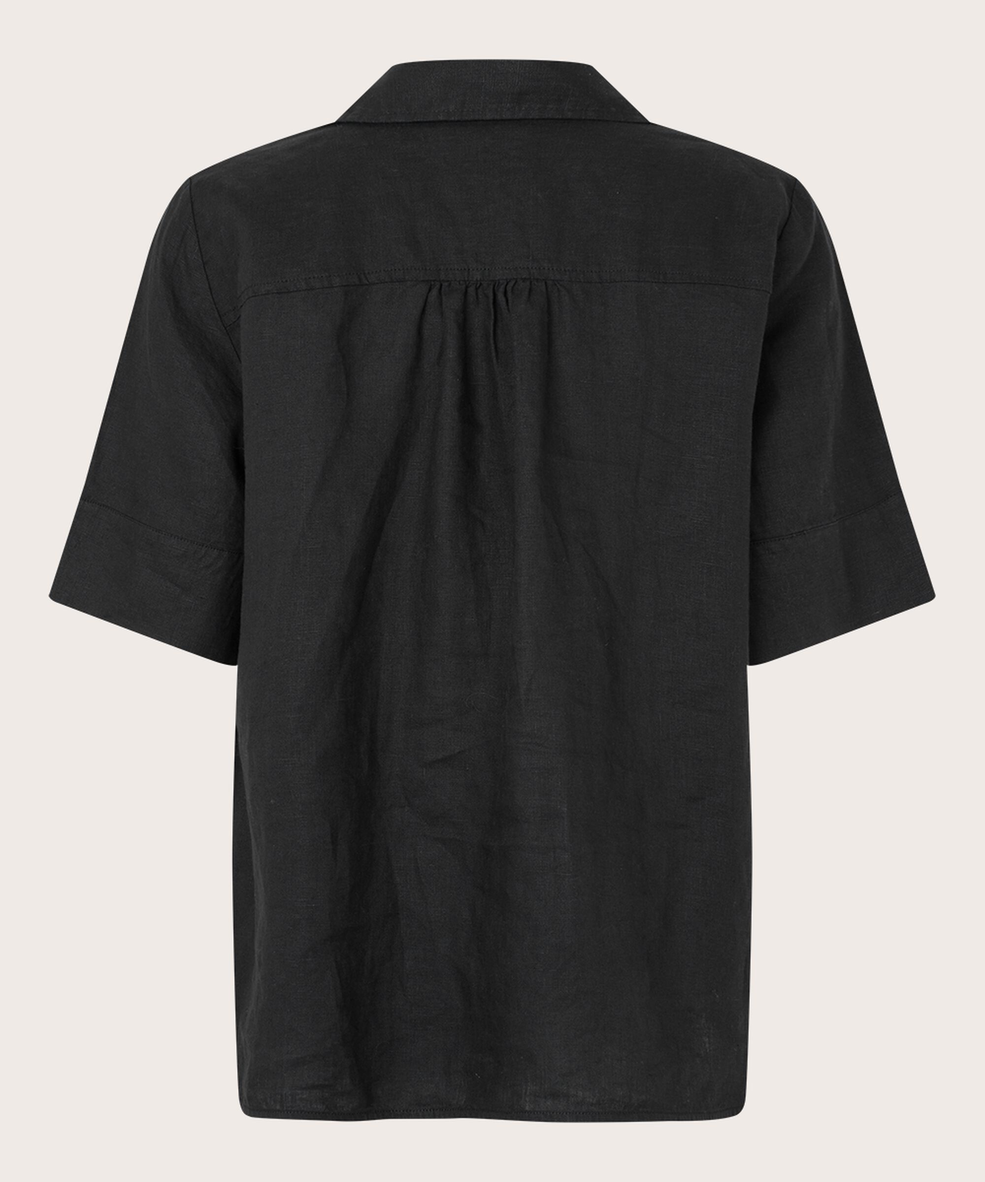 chemise en lin à manches courtes et col en V, Black