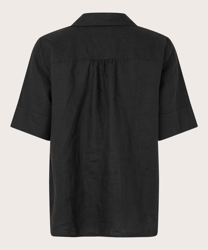 chemise en lin à manches courtes et col en V, Black