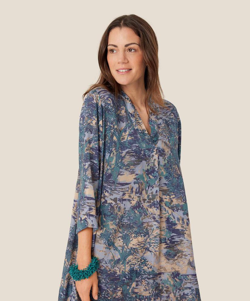 robe en viscose avec col en V et manches trois-quarts, Teal