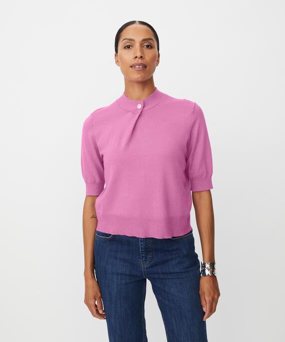 pull en tricot à manches 1/2 et bouton strass, Opera Mauve