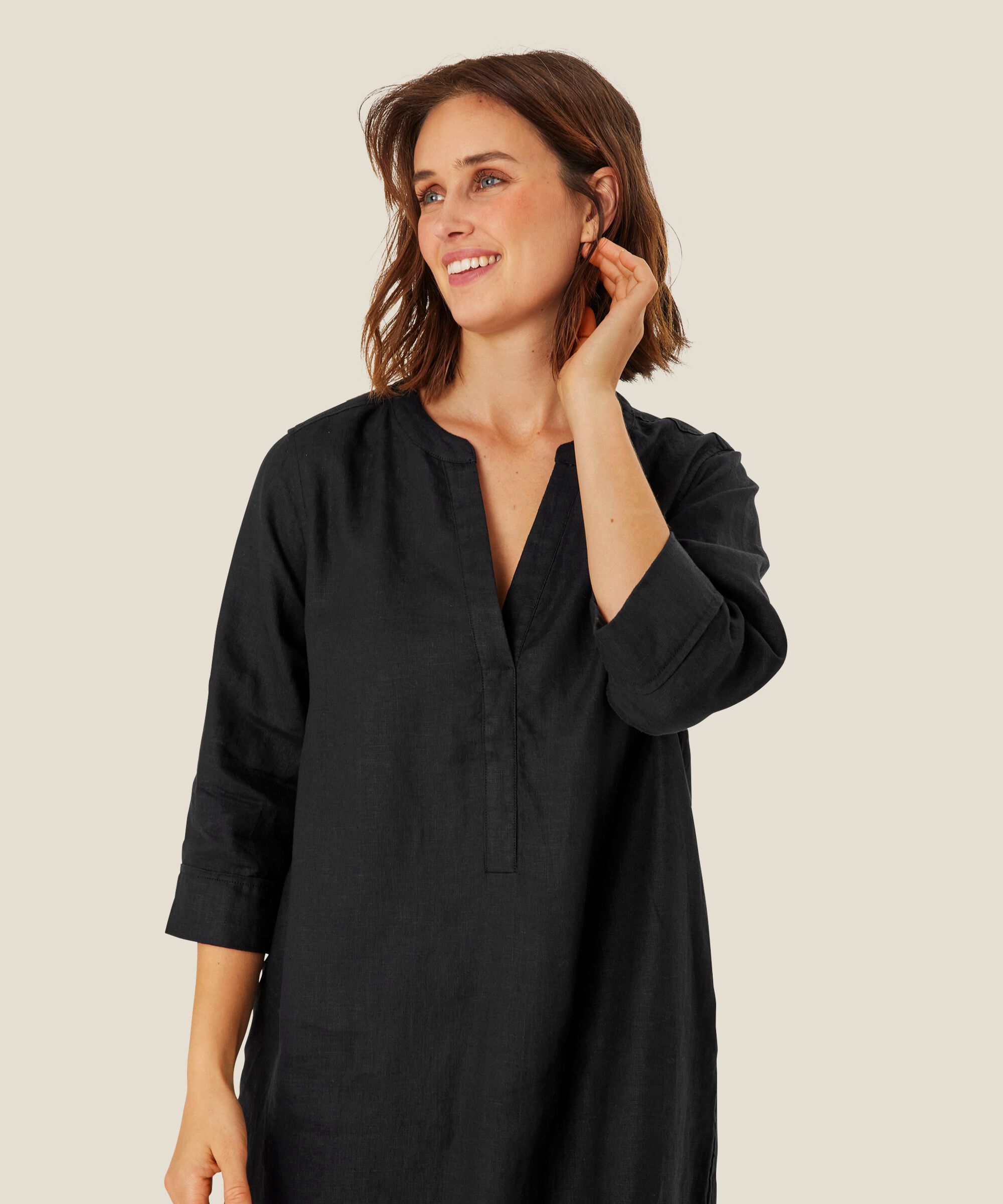 robe en lin avec col en V et poches fendues, Black