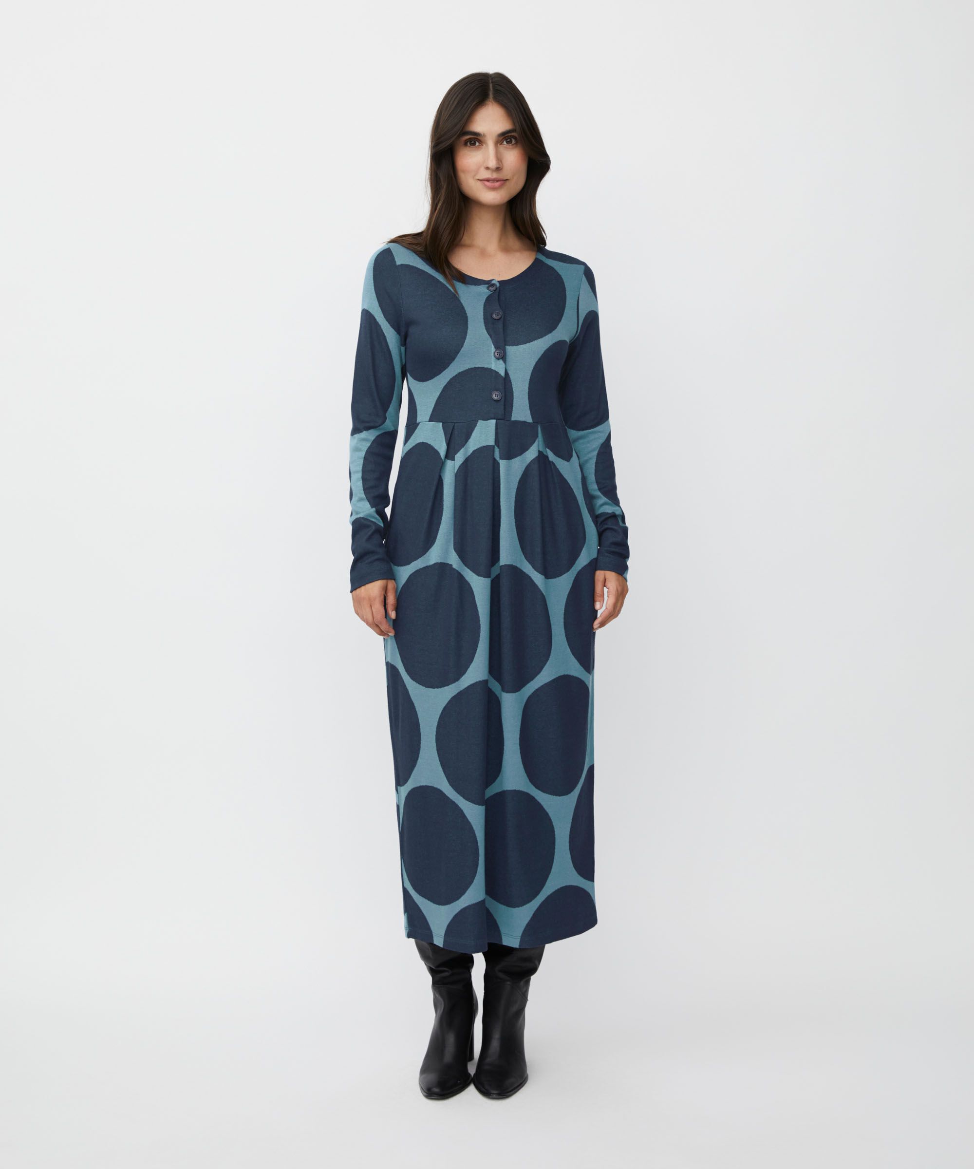 Robe Tulipe En Jersey Col Rond Avec Boutons, Proven Blue