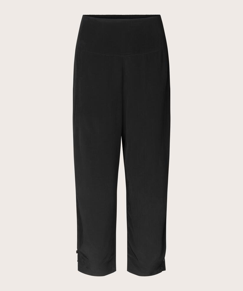 Pantalon En Viscose Avec Large Élastique Smocké Au Dos Et Détail Boutonné, Black