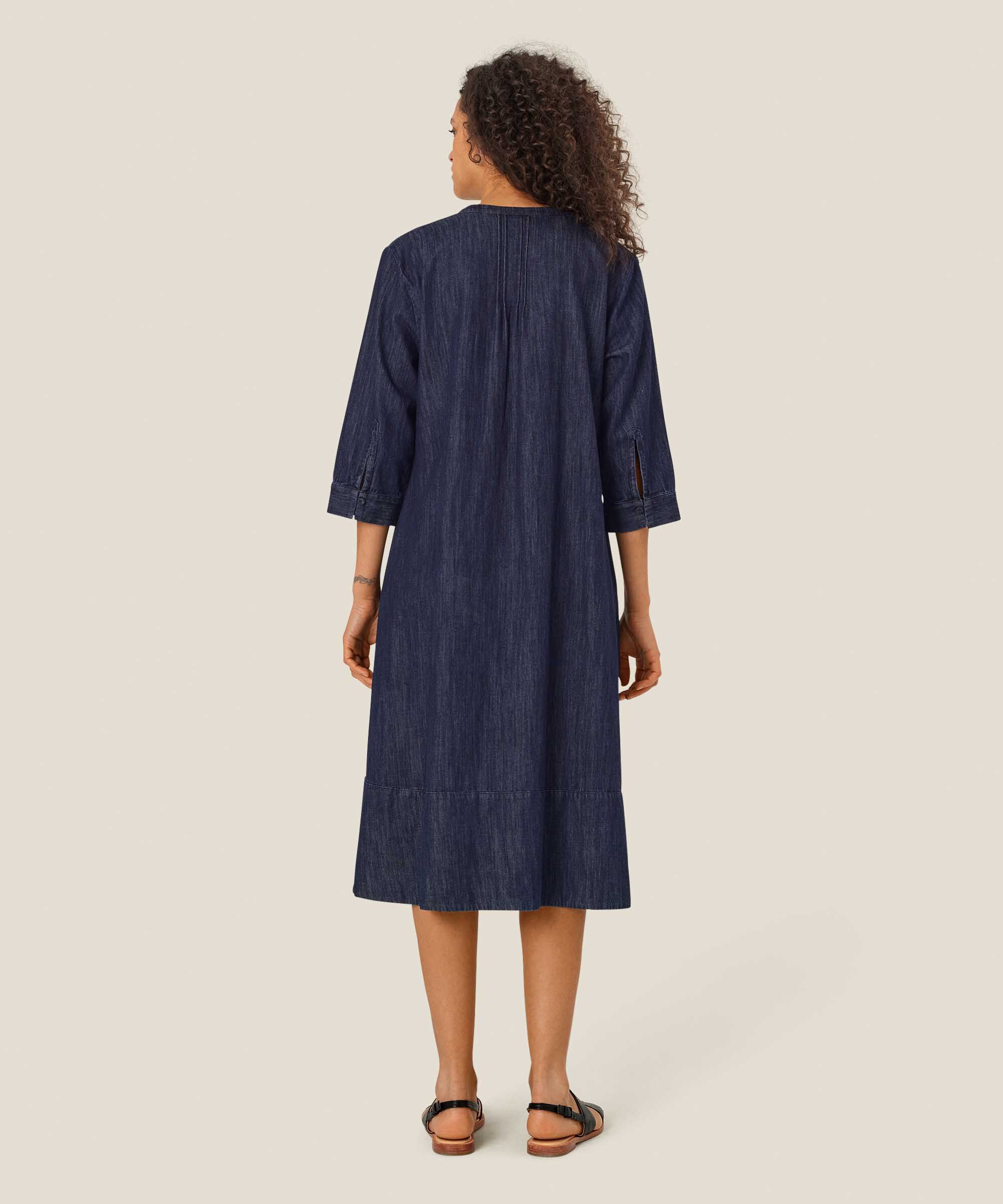 robe en jean à col en V profond, Dark Denim
