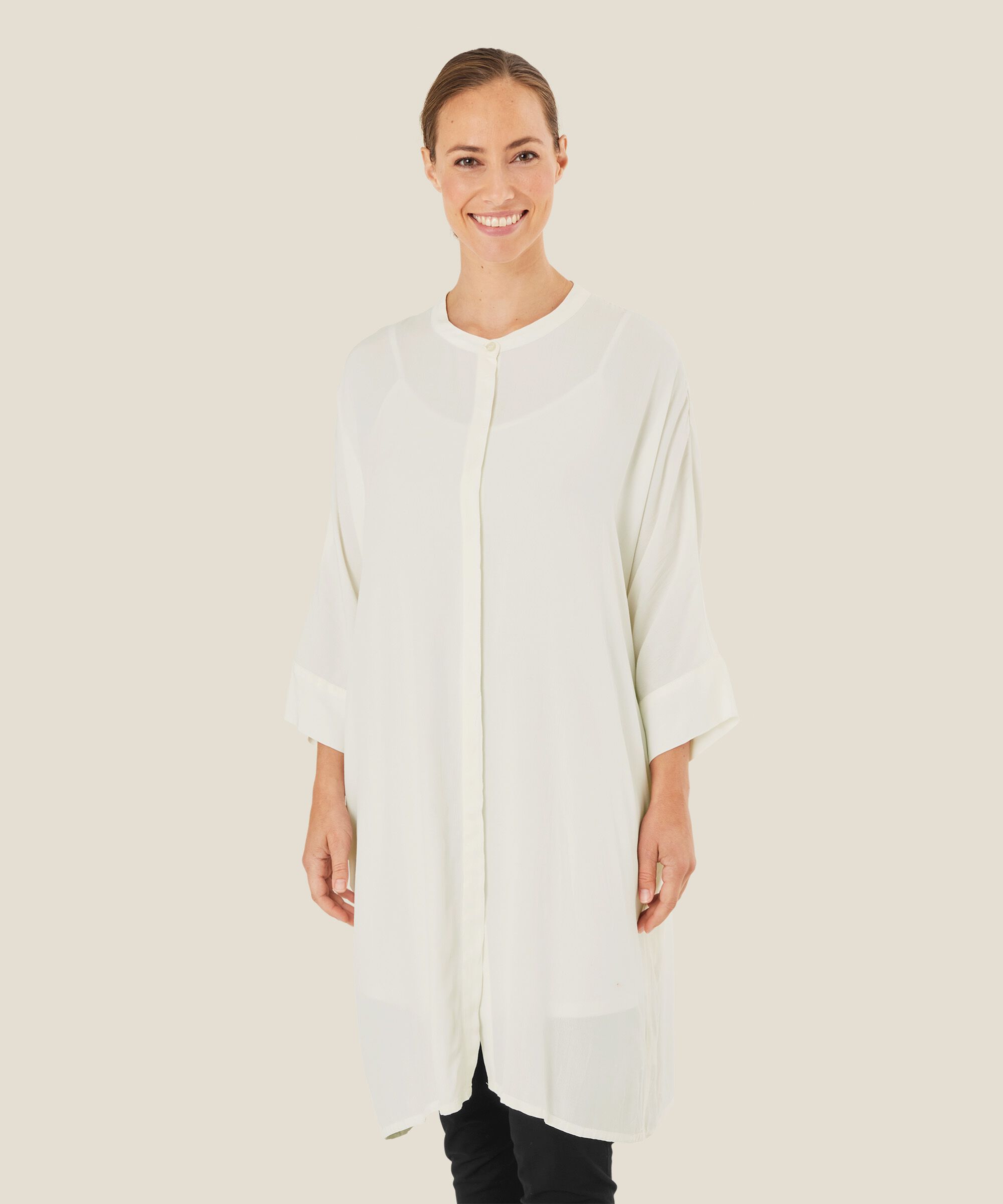 Robe Chemise En Viscose À Manches Trois-quarts, Cream