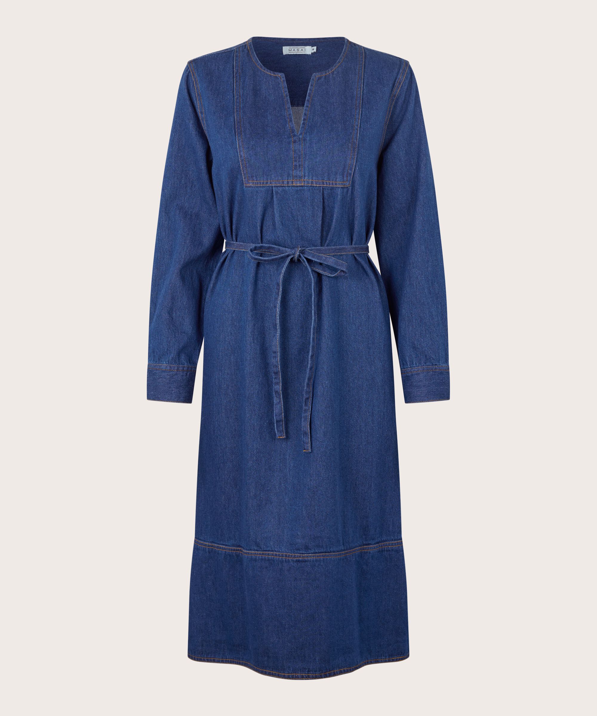 robe en jean avec col en V et ceinture, Dark Denim