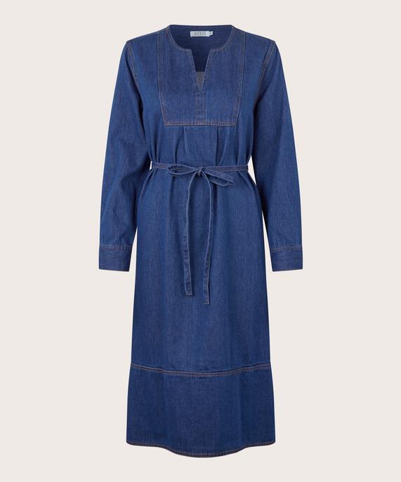 robe en jean avec col en V et ceinture, Dark Denim