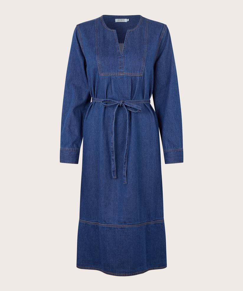robe en jean avec col en V et ceinture, Dark Denim
