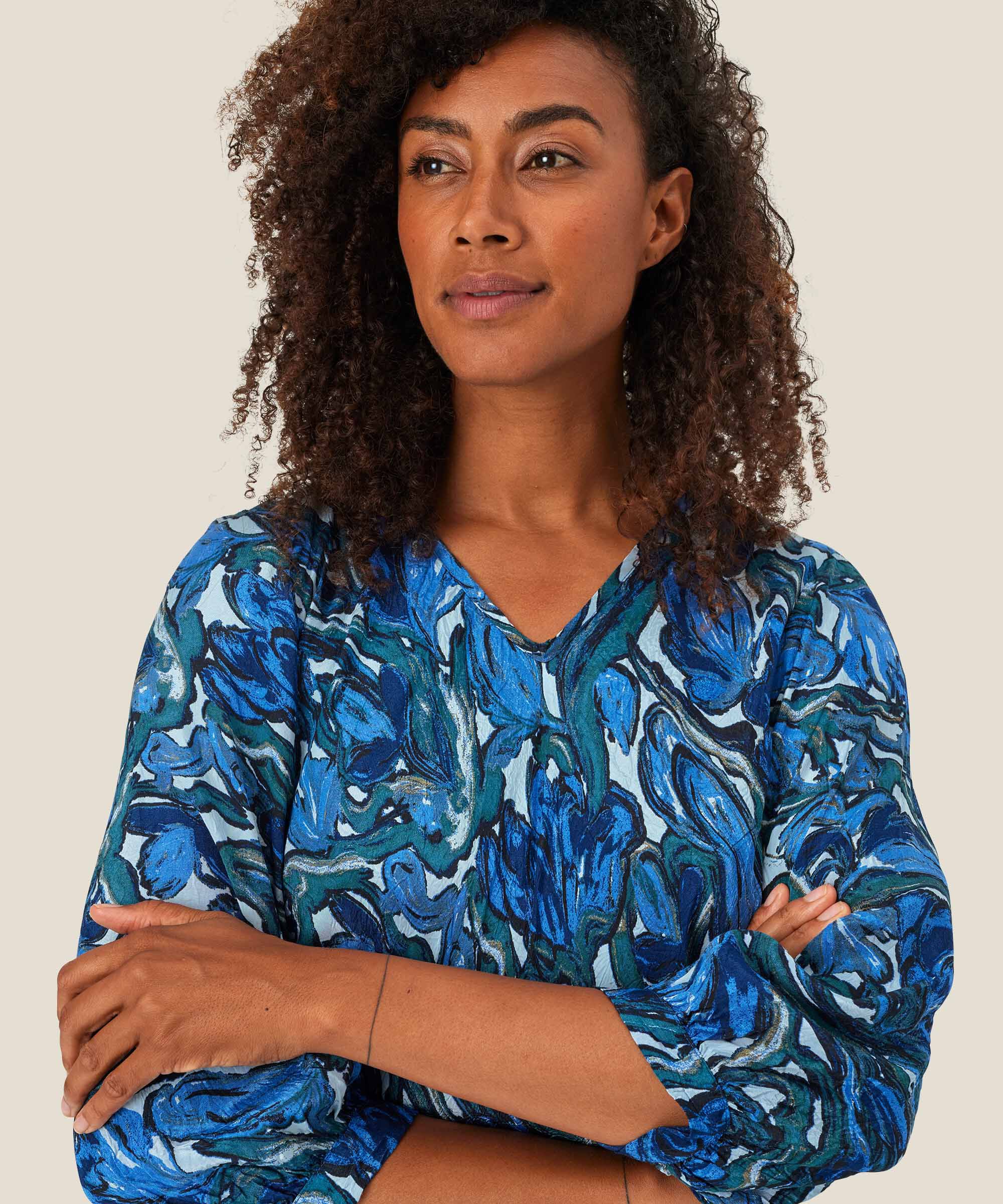 Blouse En Viscose Imprimée À Col V, Blue Fog