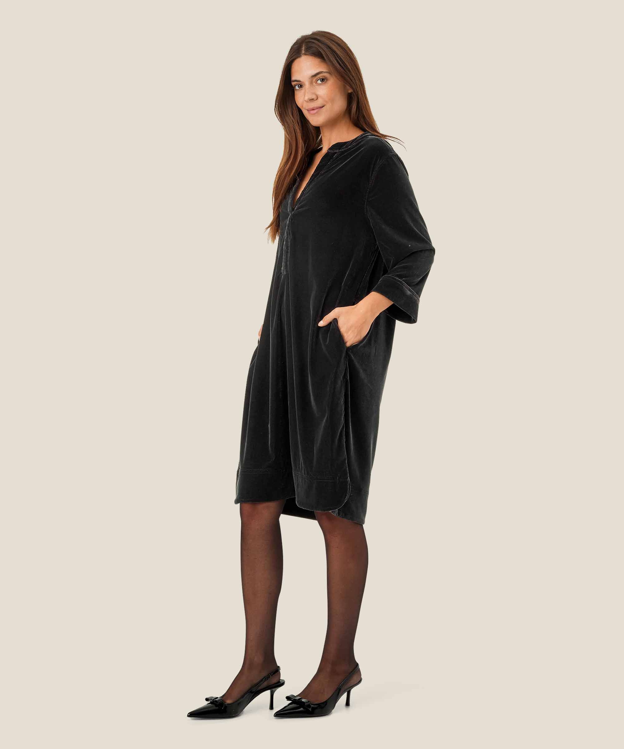 Robe En Velours À Col En V, Black