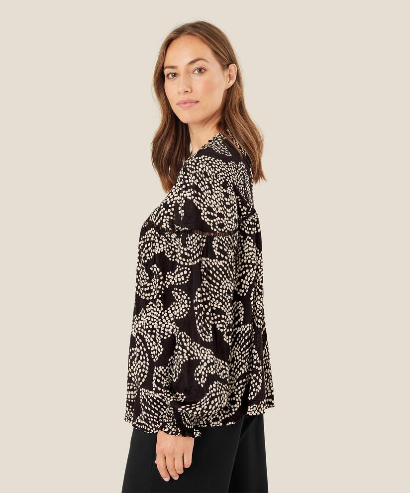 blouse avec volants au cou et dentelle, Black