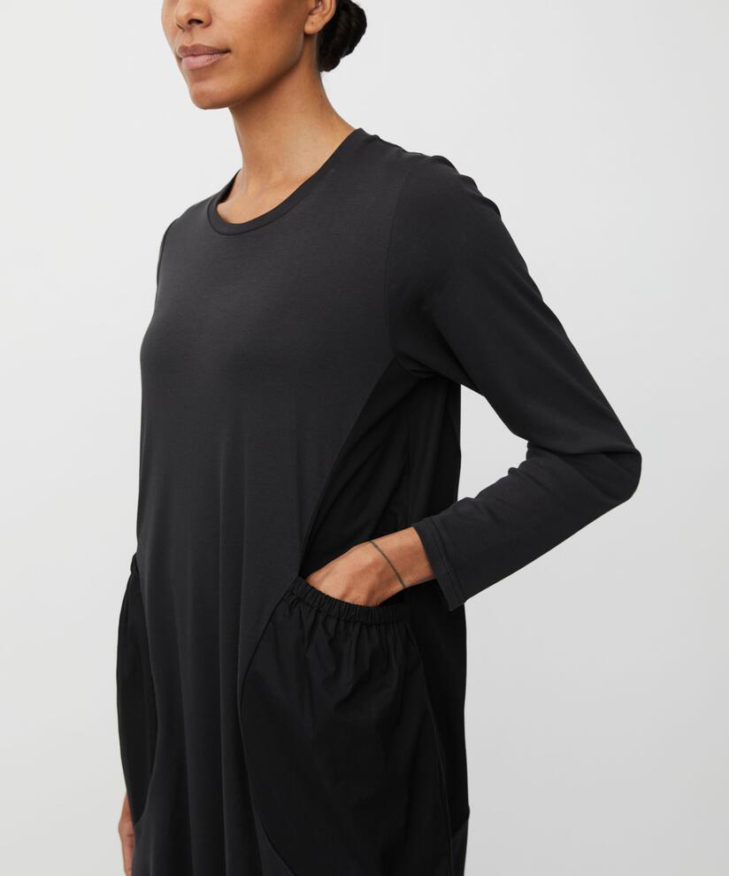 robe à manches longues en jersey et popeline de coton, Black