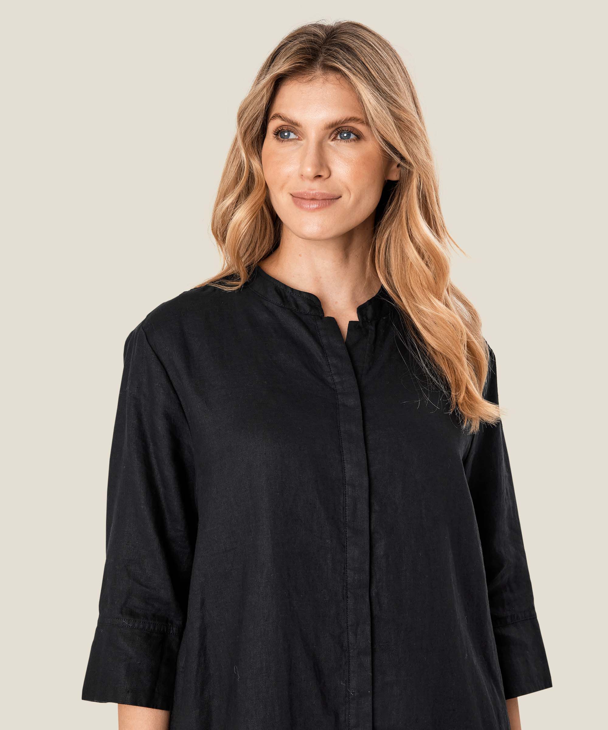 robe-chemise en lin avec manches trois-quarts, Black