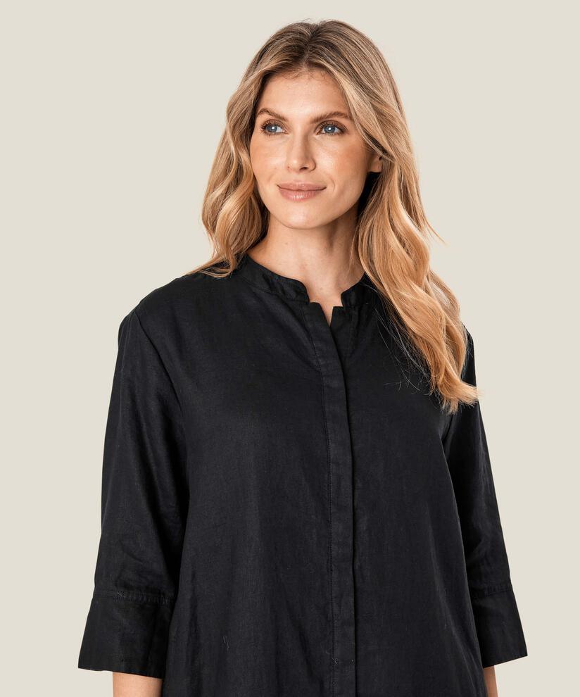 robe-chemise en lin avec manches trois-quarts, Black