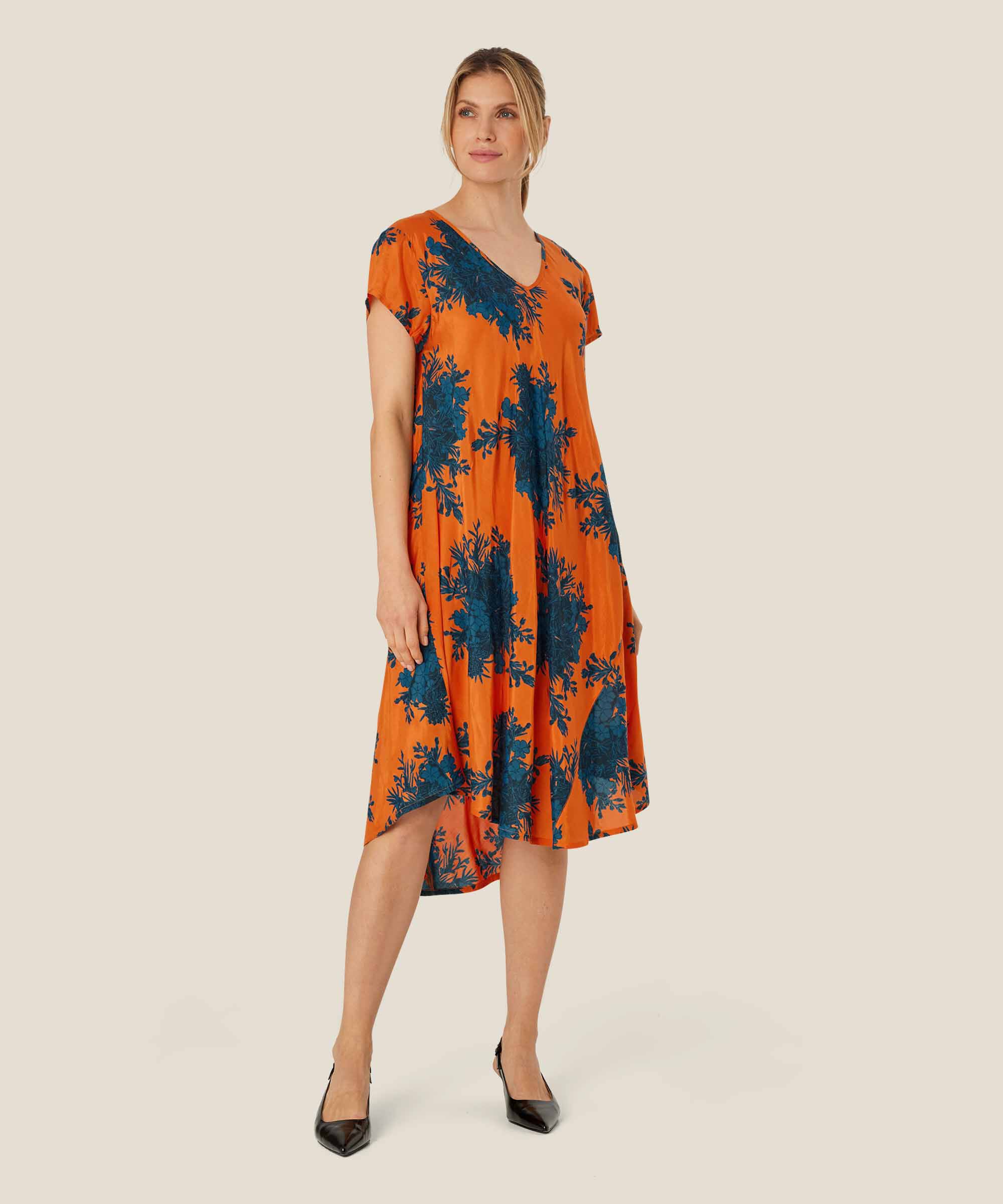 robe en viscose imprimée à col v, Russ Orange