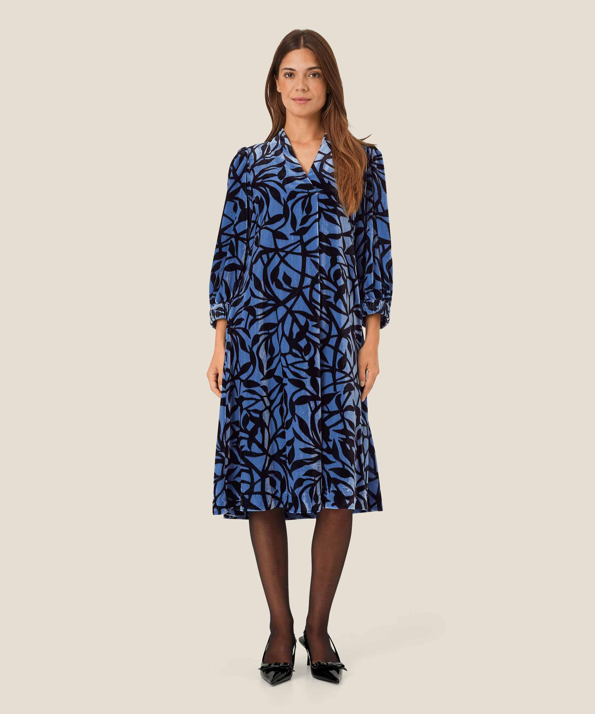 robe en velours imprimé avec col en V, Federal Blue