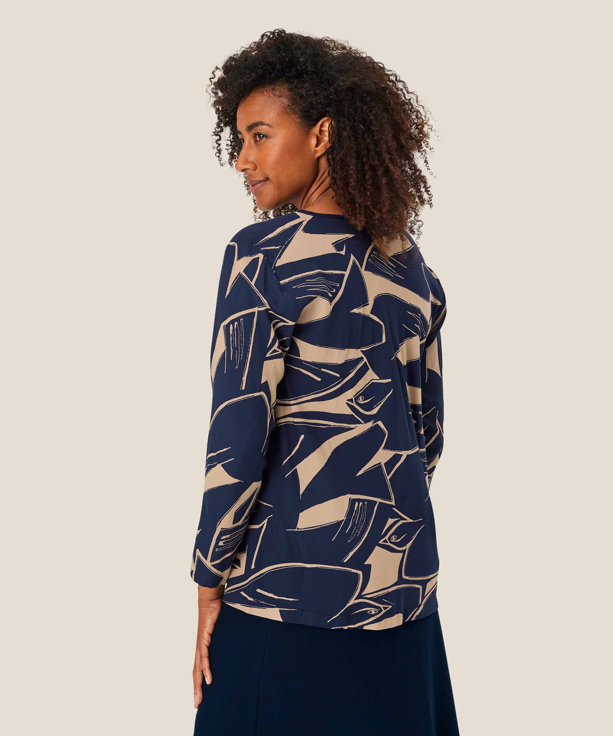 blouse en viscose à col v et manches longues, Navy Blazer