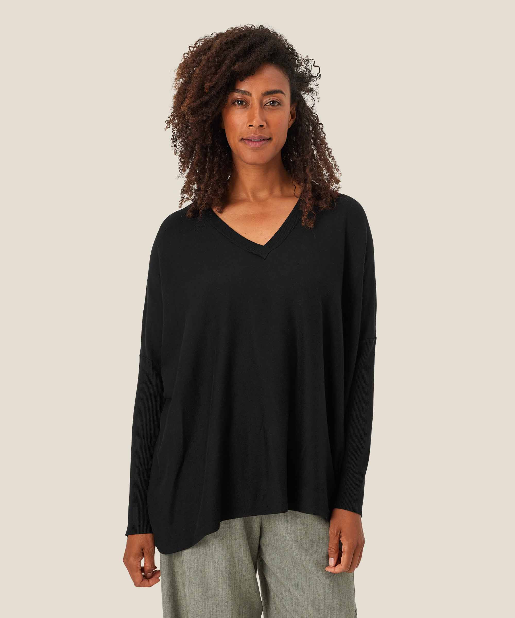 Pull En Maille Avec Col En V Et Manches Étroites, Black