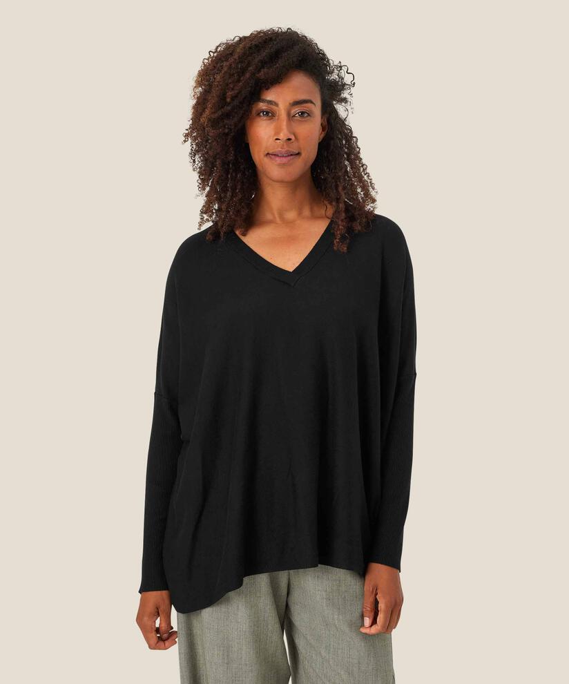 Pull En Maille Avec Col En V Et Manches Étroites, Black