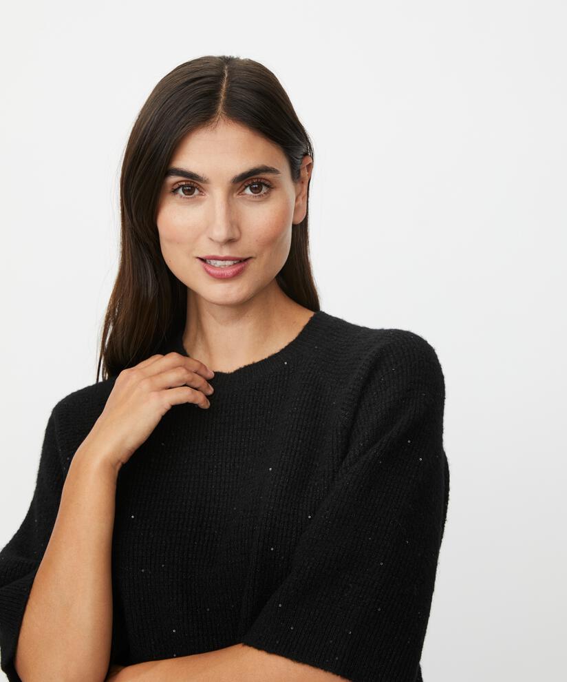 pull à manches courtes en laine mélangée avec paillettes, Black