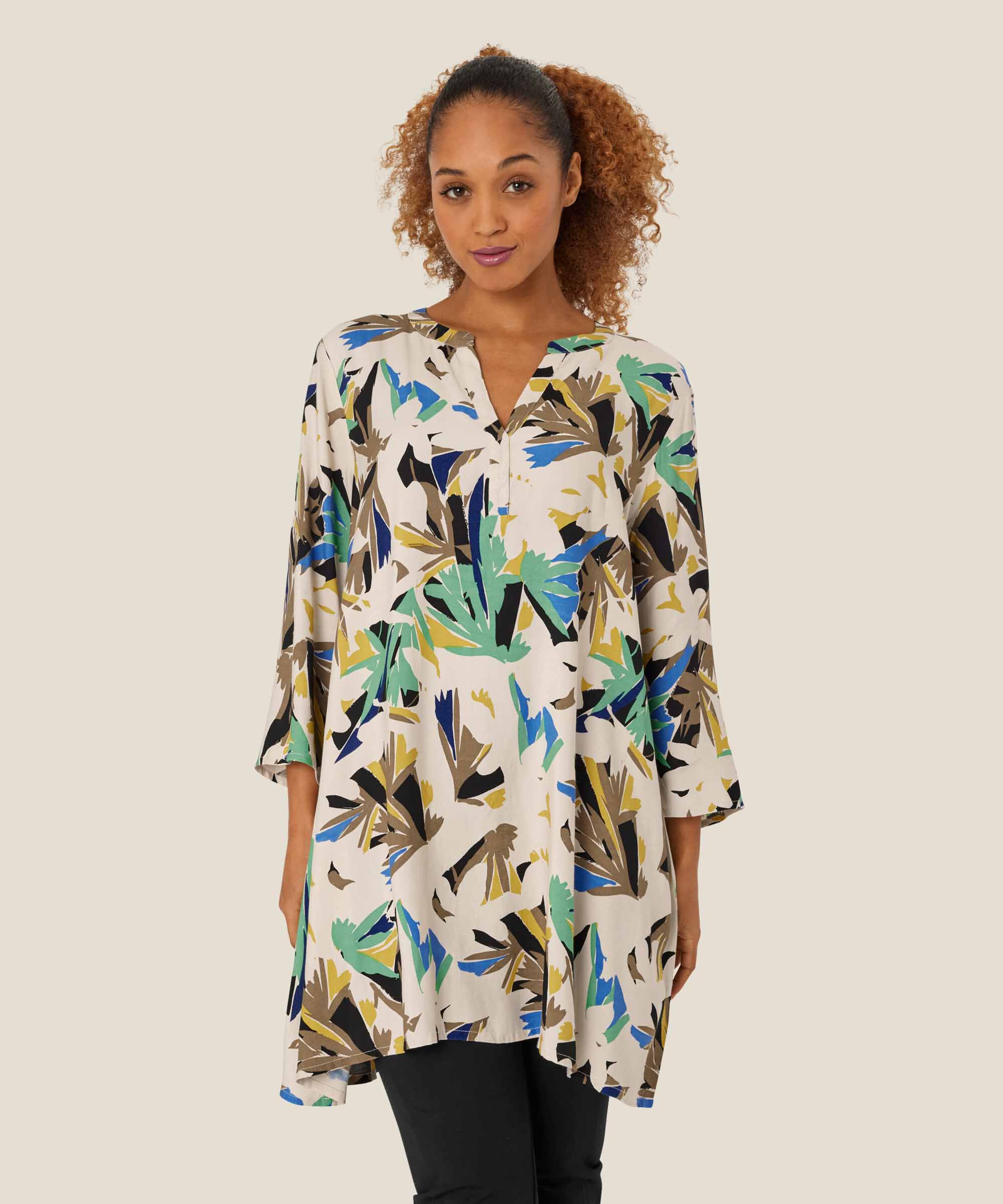 tunique en viscose imprimée à manches trois-quarts, Dusky Green