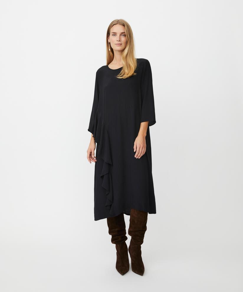 robe en viscose à col rond et volants, Black