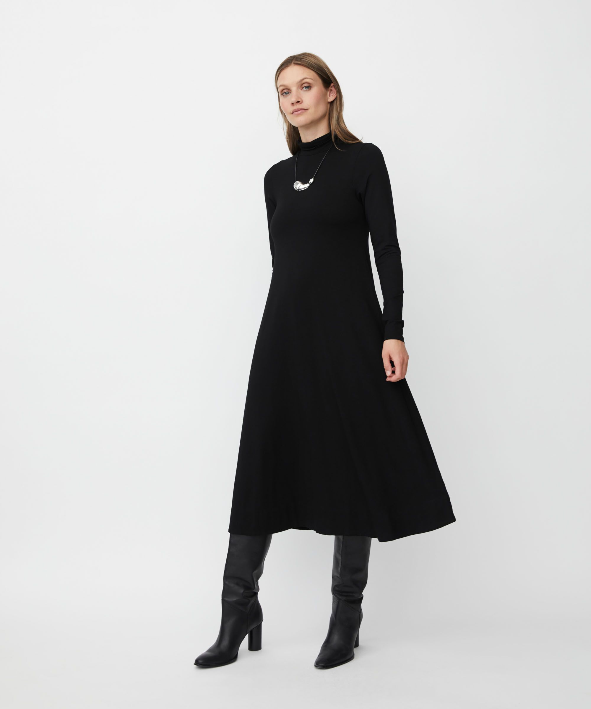 robe en jersey à manches longues et col montant, Black