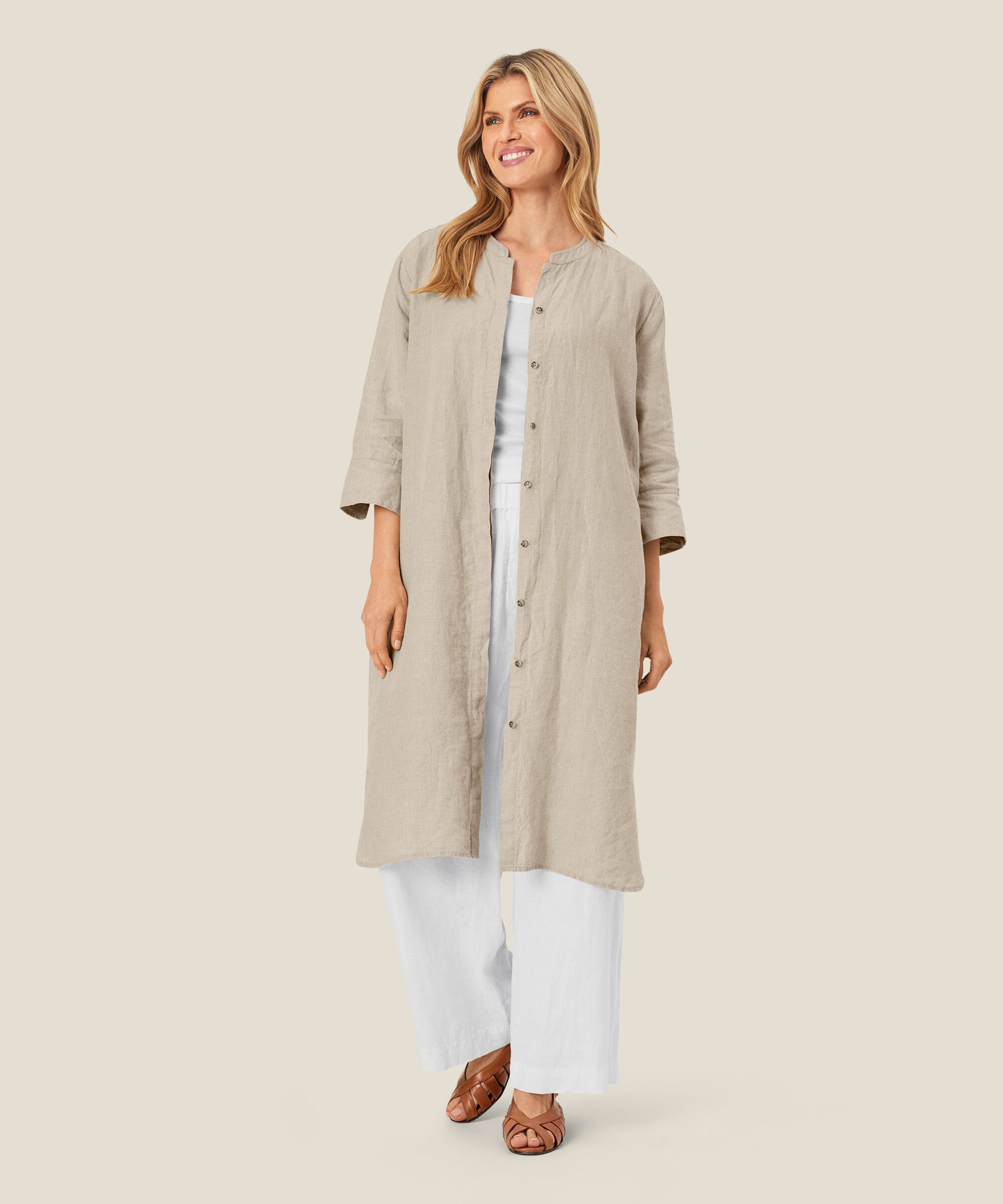 robe-chemise en lin avec manches trois-quarts, Natural