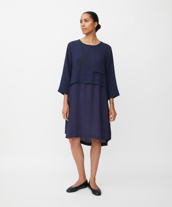 Robe avec corsage bouclé et jupe en viscose, Navy Blazer