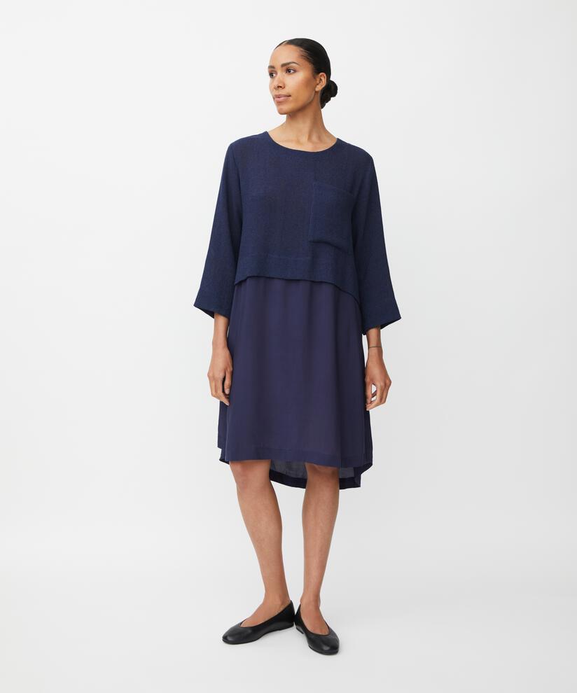 Robe avec corsage bouclé et jupe en viscose, Navy Blazer
